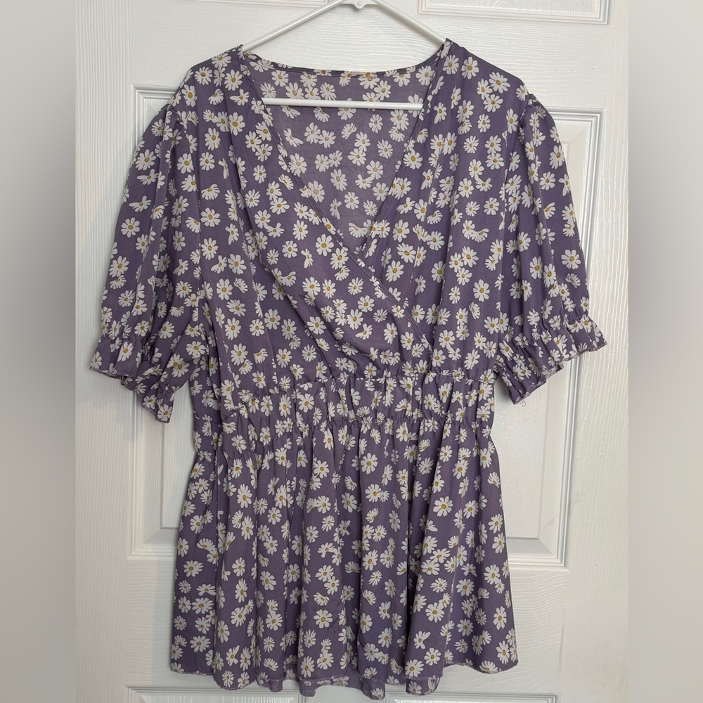 Purple Partial Wrap Blouse with Ruffled Short Sleeves 4XL